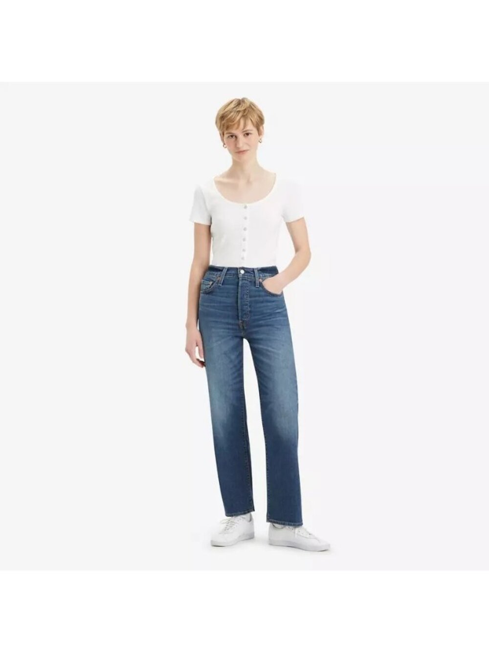 Levis Ribcage Straight Ankle Jeans W28 L32 High Rise Blue Dark Wash